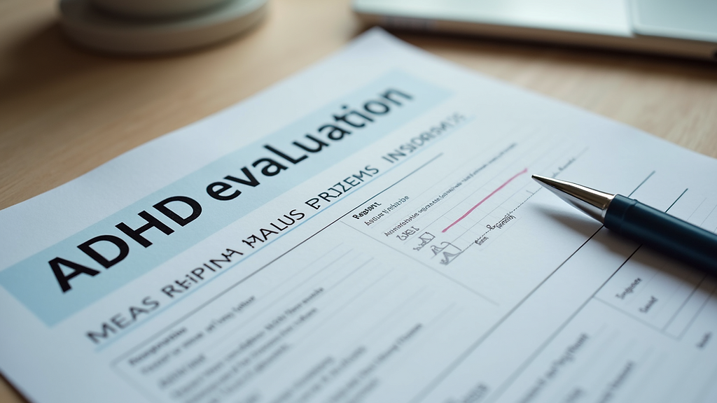 Close-up view of a printed ADHD evaluation report on a desk